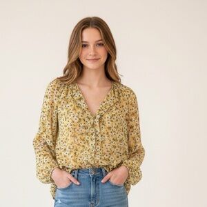 FLOWY FLORAL REBECCA TAYLOR GAUZY BUTTER YELLOW BLOUSE W/ RUCHED NECKLINE V-NECK